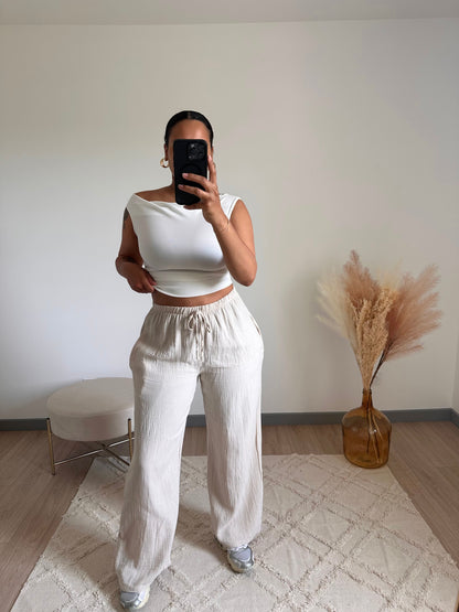 Pantalon Ava en gaz de coton beige