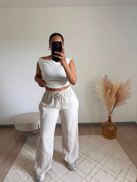 Pantalon Ava en gaz de coton beige